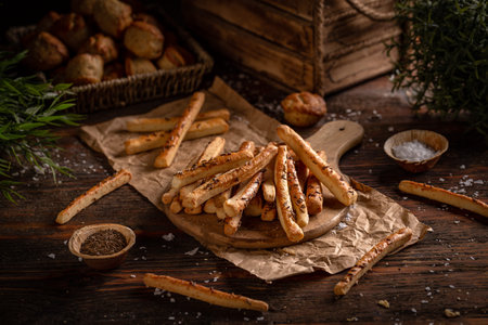 Homemade snack, baked sticks with cumin. Crispy sticks with seeds