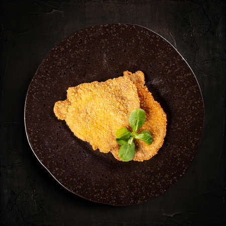 Delicious fried breaded chicken breast on black plate, dark backgroundの写真素材