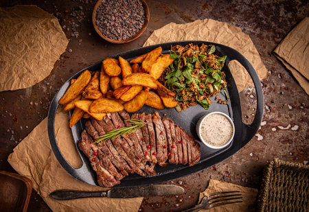 Gilled beef steak and potatoes served with pepper sauce and lettuce on black plate, top view