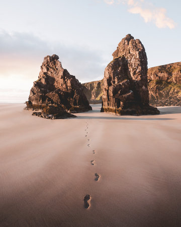 Footsteps on the sand passing through the outer Hebrides island, Scotlandの素材