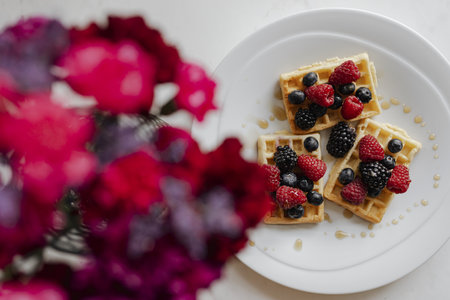 Homemade waffle with berries toppingの素材