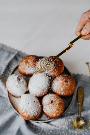 Homemade traditional Spanish bunuelo, fried dough ballsの素材
