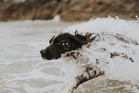 Cheerful dog enjoying the seaの素材