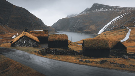 Cute cabin on the hill in Saksun village, Denmarkの素材