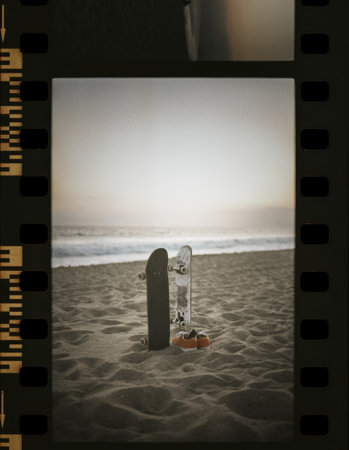 Skateboards at the beach in a film stripの素材