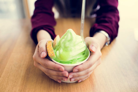 Woman eating melon ice-cream happinessの素材