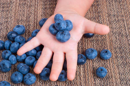 girl holding a handful of ripe berries blueberryの写真素材
