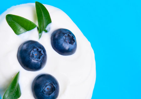 Ripe blueberries in yogurt on a turquoise background
