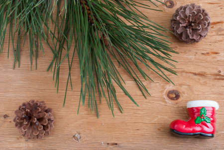 background with a pine branch on a wooden textureの写真素材