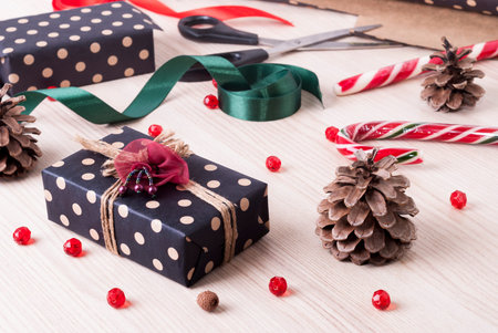 gift on the table and decor elementsの写真素材