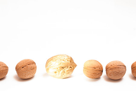 One Golden nut among a group of ordinary nuts. Leader, individuality, best worker, best employee, team. Business conceptual image.の写真素材