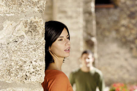 latin woman waiting for her boyfriensの写真素材