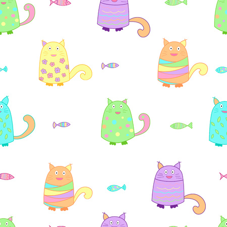 Funny cats with fish seamless pattern. Colorful background for kids. Vector illustrationのイラスト素材