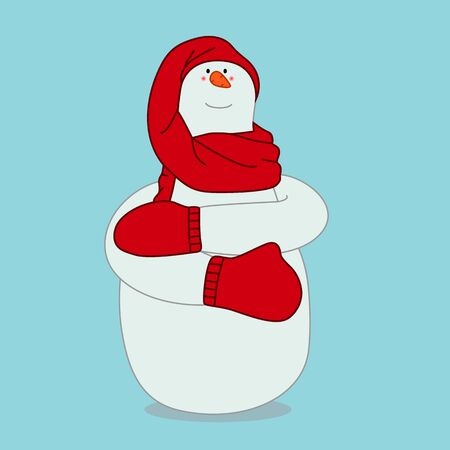 Snowman in a red scarf, hat and mittens on blue background. Christmas vector illustrationのイラスト素材