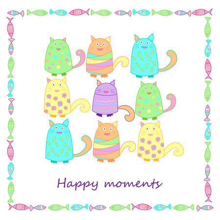 Funny colorful cats with fish. Vector illustration. Illustration for postcard, poster, your design. Colorful background for kidsのイラスト素材