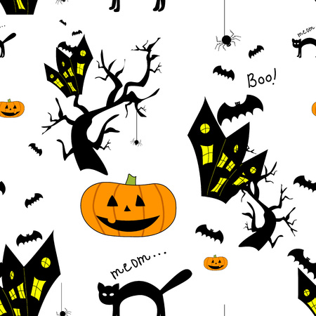 Funny halloween background with animals and Jack-o-lantern. Print for children. Seamless pattern for kidsのイラスト素材