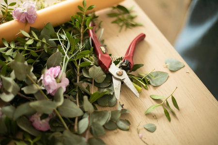 Tools and accessories florists need for making up a bouquetの写真素材
