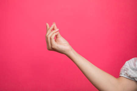 Empty female hand pretending holding something, isolated on pink backgroundの写真素材