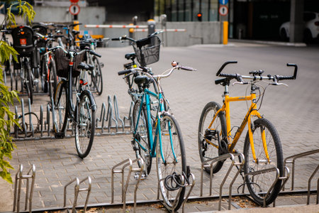 Poland, Warsaw - July 2022. Bicycle parking with lots of bike