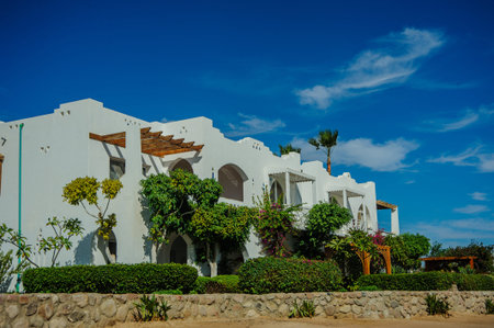 white house on red sea palm desert tropical view 