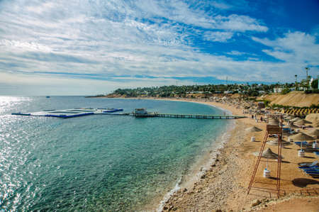 beautiful beach in red sea with green blue azur water and nice blue skyの写真素材