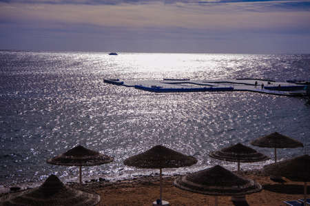 purple beach in red sea with nice umbrellaの写真素材