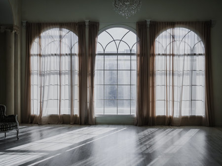 vintage old empty white studio room with big windowsの写真素材