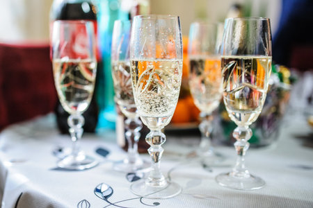 Close up picture of  wine glasses in restaurantの写真素材