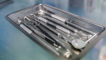 Basic dentist tools, dental equipment, accessory close upの写真素材