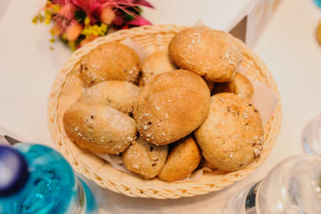 buns bred composition in a plate on the tableの写真素材