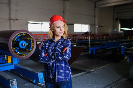 Portret of nice beautiful woman in red safety helmet at metal tile roof manufacturing factory