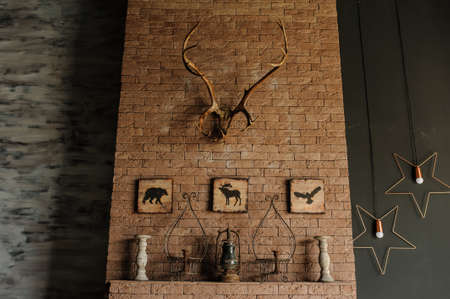 Old bricks wall with deer antlers and retro candleの写真素材