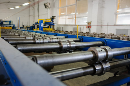 Metal tile manufacturing factory. Steel sheet metal roll profiling forming machine with rolls