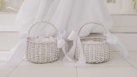 Wedding composition decoration in old vintage romantic style with wood basketの写真素材