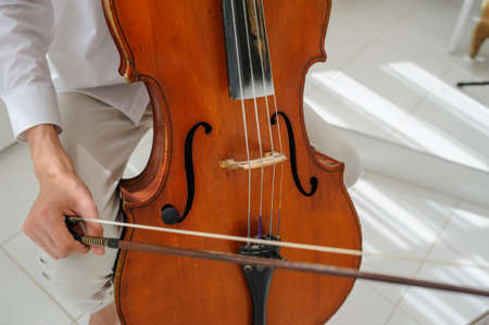 Beautiful vintage old cello in white interiorの写真素材