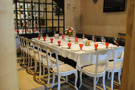 Vintage restaurant room with wooden furniture and nice wallsの写真素材