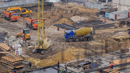 construction site from top view with trucks and bulldozerの写真素材