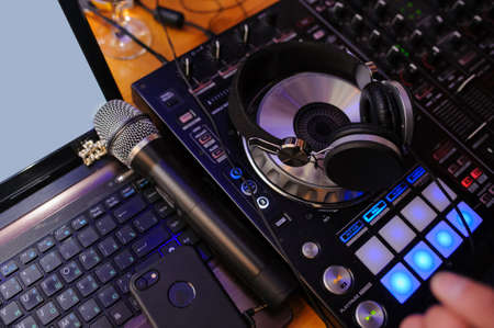 Dj mixes the track in the nightclub at partyの写真素材