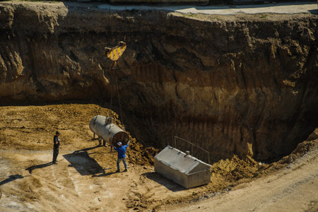 Top view of workers at a construction site moving a metal barrelの写真素材
