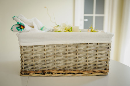 Decoration wood basket with wheat, candle, rabbit and dry orange. の写真素材