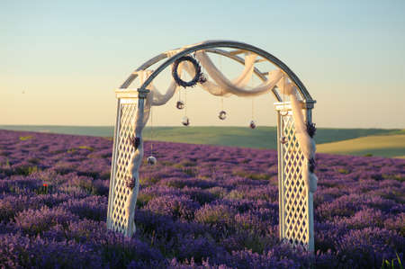 Beautiful field of blooming lavender with wedding wood decoration in the summerの写真素材