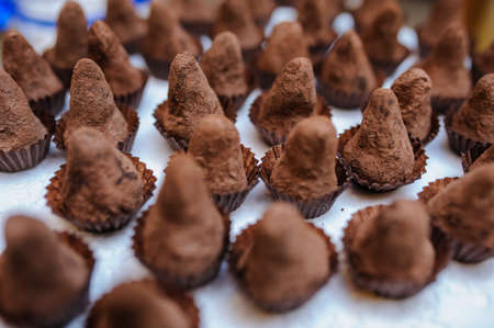 Sweet cookies chocolate pyramid in a paper wrapper decorated with sugarの写真素材
