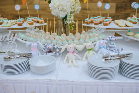 Close-up candy bar from white blue turquoise cookies balls pops on stick on a partyの写真素材