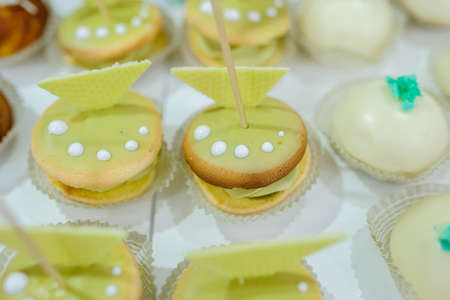 kids party candy bar from many sweet cookiesの写真素材