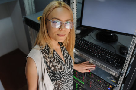 Young woman engineer It technician fix the problem in the data center server room.