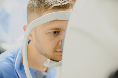 close up head of young patient fix in Tomography in Optical Coherence (OCT) equipment.