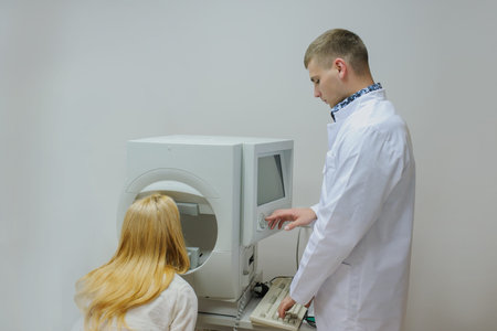 Young beautiful doctor/eye specialist/optometrist in an ophthalmologic clinic dooing a patient...