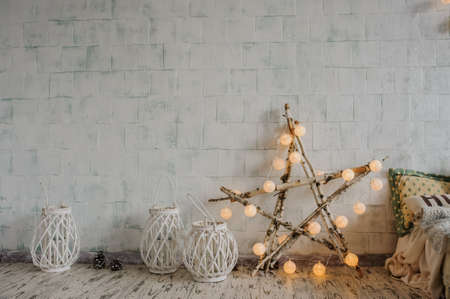 Design element from vintage room: wood star and cageの写真素材