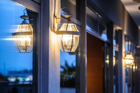 chandelier light in night in a restaurant during vacationの写真素材