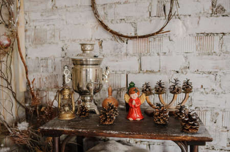 close up christmas composition from samovar, and conesの写真素材